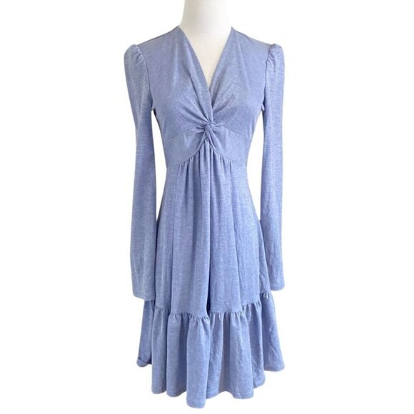 NWT GABBY SKYE CHAMBRAY FLOUNCE TWISTED FRONT MINI DRESS IN LIGHT BLUE - 4 - Picture 1 of 10